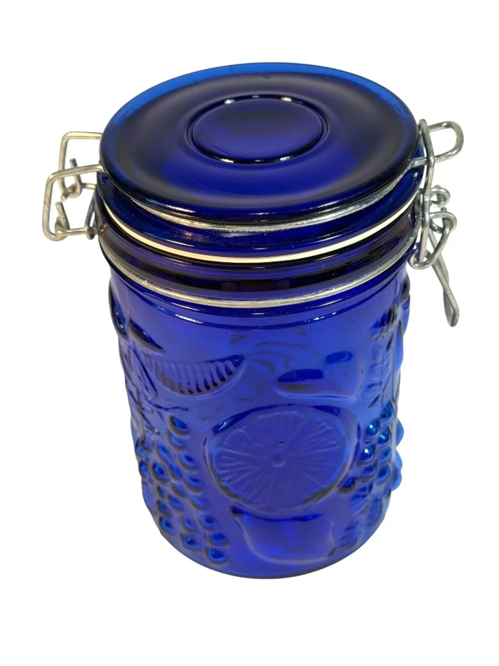 Cobalt Blue Glass Canister Embossed Fruit Lemon Cherries Grapes Wire Bail 6